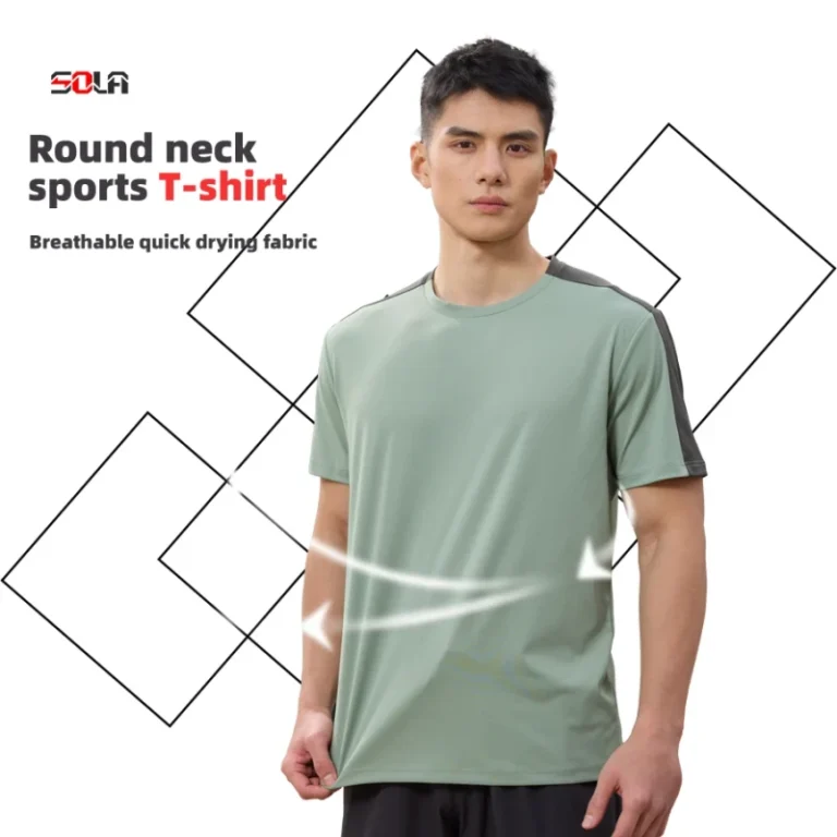 Mens-Sporty-Short-Sleeve-Gym-T-Shirts-Breathable-Woven-Fabric-Quick-Drying-Outdoor-Sports-Shirts-Solid-Pattern-Design