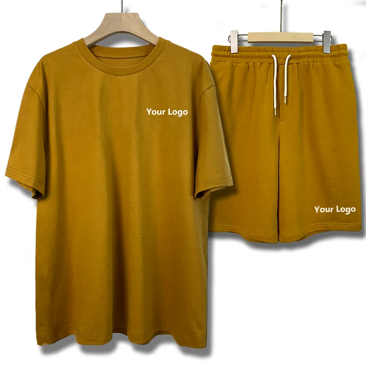 Mens-Summer-Breathable-100-Cotton-T-shirt-and-Shorts-Two-piece-Custom-Logo-Printed-Embroidered-Casual-Sports-Set