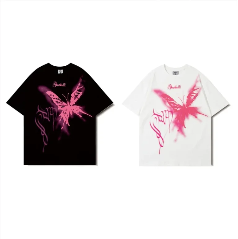 Mens-Summer-Breathable-Casual-American-Street-Fashion-Short-Sleeved-Printed-Cotton-T-Shirt-Front-Logo-Suede-Foam-Butterfly