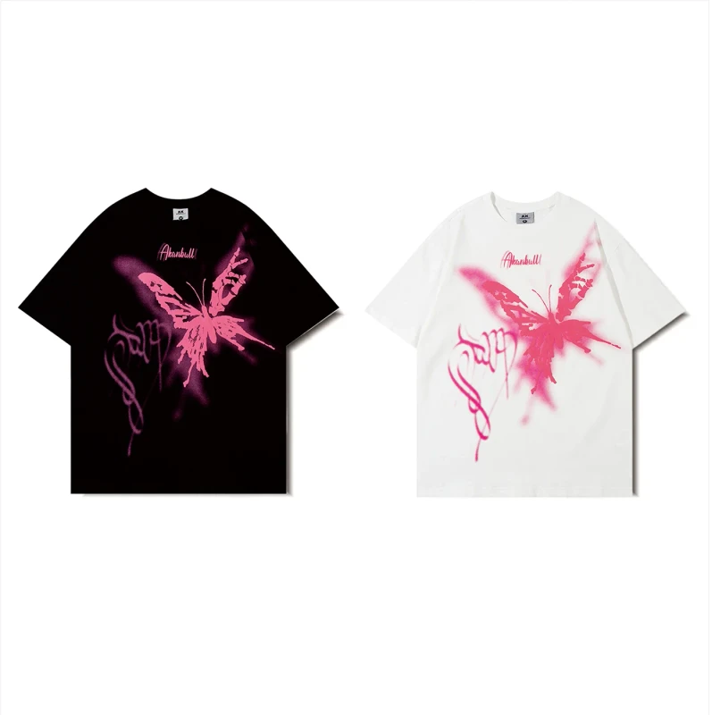 Mens-Summer-Breathable-Casual-American-Street-Fashion-Short-Sleeved-Printed-Cotton-T-Shirt-Front-Logo-Suede-Foam-Butterfly