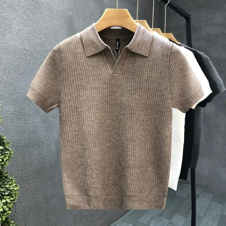 Mens-Summer-New-Cool-Slim-Fit-Knitted-T-shirt-Scissor-Collar-Short-Sleeve-Wrinkle-resistant-for-Polo-Shirts
