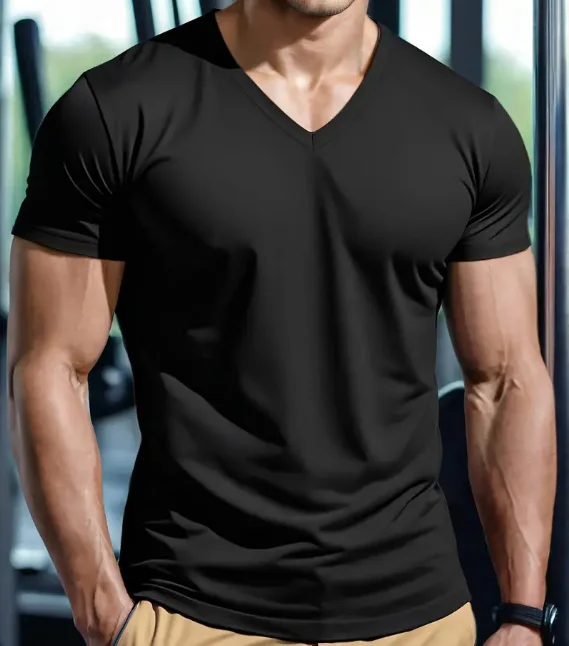 Mens-V-Neck-Quick-Dry-Casual-T-Shirt-Breathable-Moisture-Wicking-High-Elastic-Sport-Fashion-Short-Sleeve