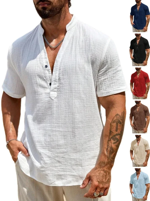 Mens-V-neck-Button-T-shirt-Solid-Color-Print-Casual-Spring-Collection-Plus-Size-Loose-Short-Sleeve