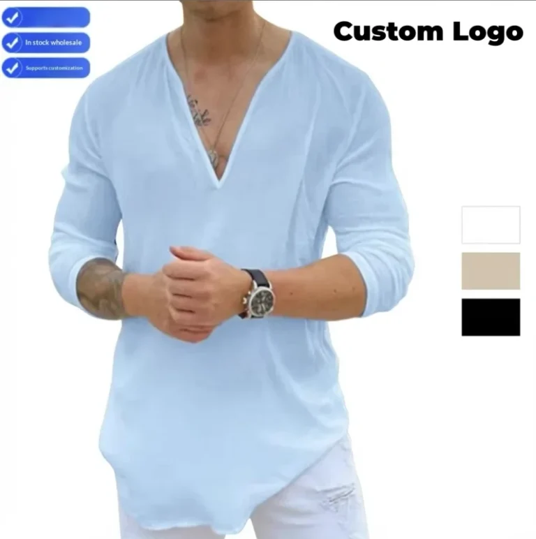 Mens-V-neck-Casual-Solid-Color-Pure-Cotton-Long-Sleeve-Autumn-T-shirt-Machine-Washable-Durable