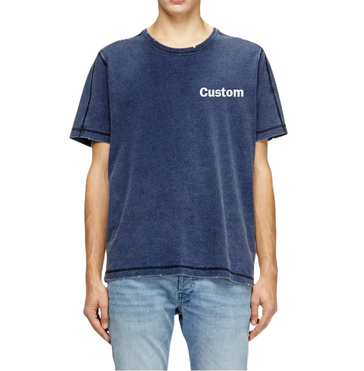 Mens-Vintage-Washed-Blue-Contrast-Stitch-T-Shirt-Oversized-Streetwear-Custom-Logo-Casual-Tee