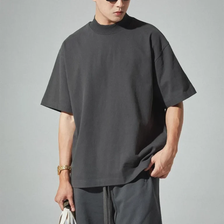 Mock-Neck-Short-Sleeve-Drop-Shoulder-Oversize-100-Cotton-Mens-Tshirt-Boxy-Fit-Organic-Cotton-Tee-Blank-Plain-Print-T-Shirt