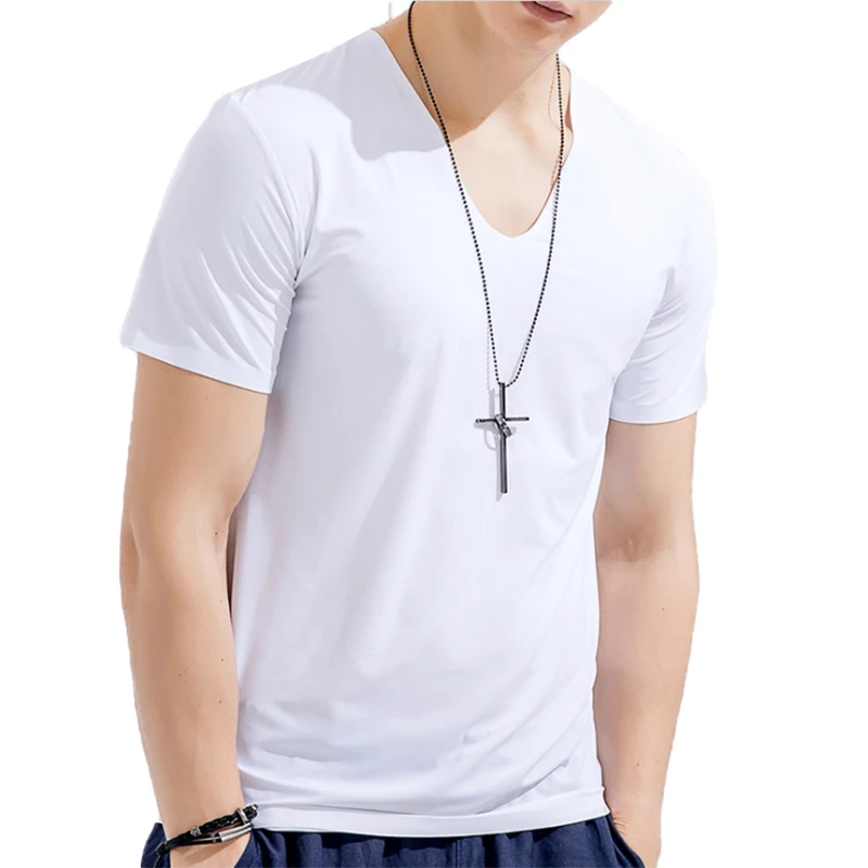 Modal-Short-Sleeve-T-Shirt-Mens-Casual-V-Neck-Tees