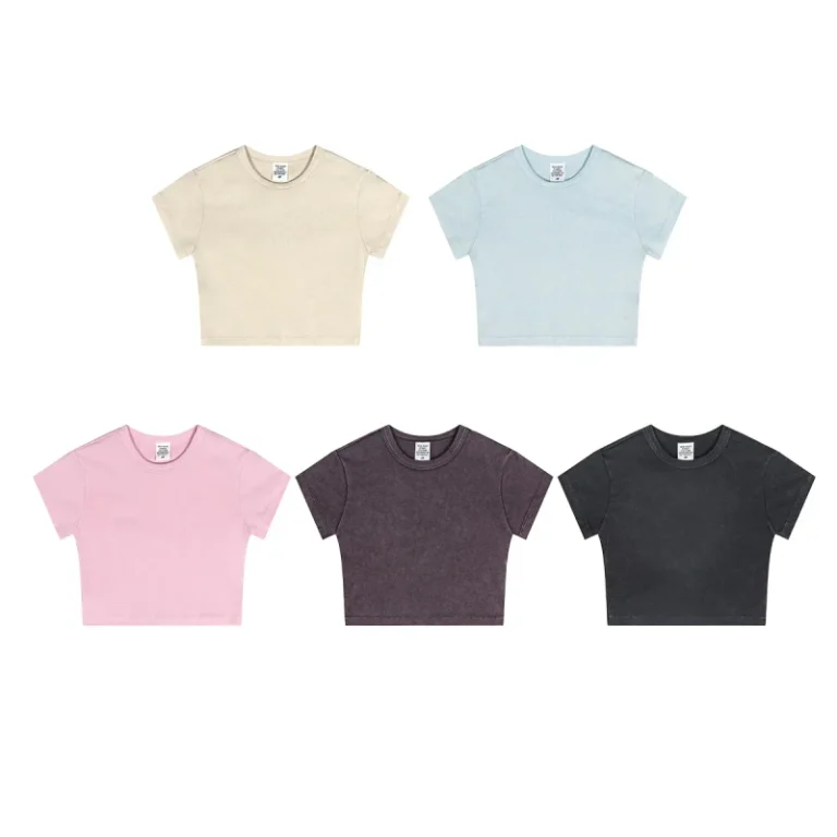 N908-Summer-Womens-Crop-Top-European-American-Washed-Cotton-Short-Sleeved-T-shirt-Cute-Style-Solid-Pattern-Design