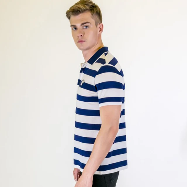 Navy-and-White-Strip-Collar-Short-Sleeves-Polo-Tshirt-for-Golf-Player-100-Cotton-Mens-Polo-T-shirts