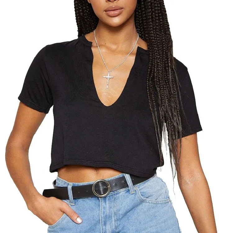 New-Arrival-Custom-Logo-Teen-Girls-Fashion-T-Shirts-Simple-Streetwear-Solid-Plain-Basic-Sexy-V-Neck-Crop-Top-T-Shirts
