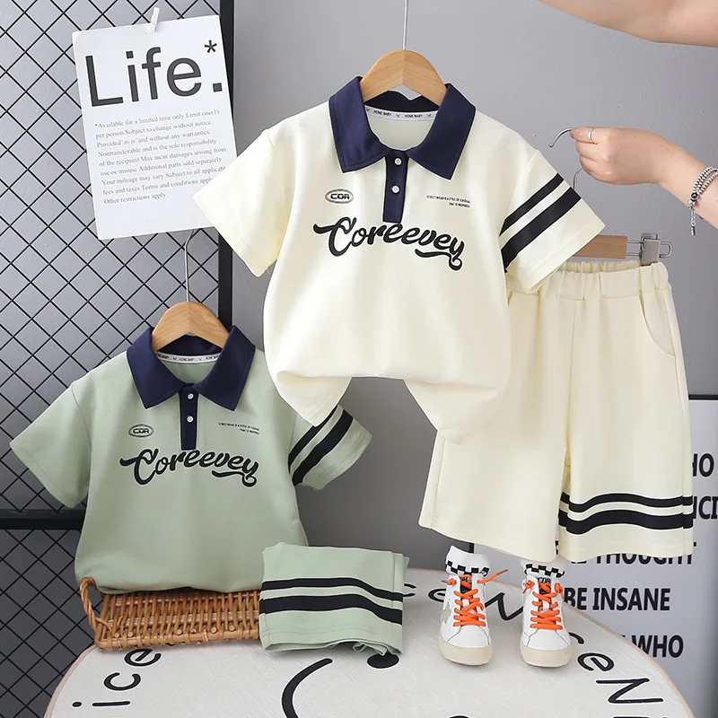 New-Boys-Summer-Outfit-Set-Childrens-Sports-Trendy-Letter-Short-Sleeve-Polo-Shirt-and-Shorts-Kids-Two-Pieces-Set