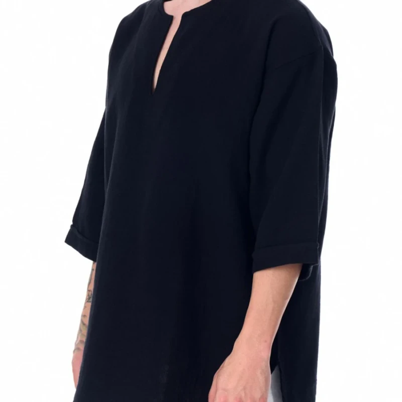 New-Casual-Short-Sleeve-Shirt-100-Cotton-Anti-Pilling-Oversized-Fit-V-Neck-Solid-Pattern-Silk-Screen-Printed-for-Men