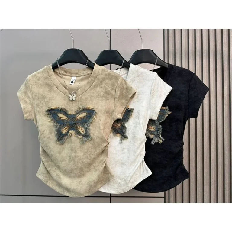 New-Design-Summer-Short-sleeved-T-shirt-Womens-Butterfly-Embroidered-Denim-Pic-Design-Unique-Tops-for-Women
