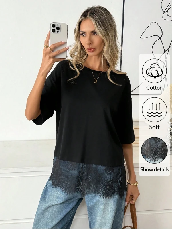 New-Fashion-Womens-Slim-Straight-Round-Neck-Short-Sleeve-Asymmetric-Hemp-Splicing-Lace-T-shirt