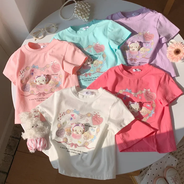 New-Girls-Summer-Cartoon-Short-Sleeved-T-shirt-Korean-Version-Cute-and-Cute-Animal-Print-Childrens-Pure-Cotton-Top