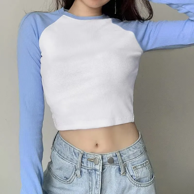New-Style-HOT-Contrast-Color-Block-Design-Women-Crop-Top-Tshirt-Custom-logo-Womens-Long-Sleeve-Two-Tone-Color-Crop-T-shirts-Y2K