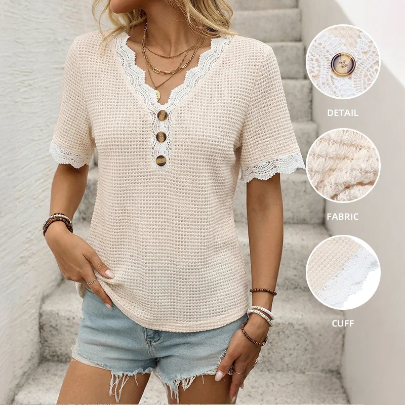 New-Style-Womens-T-shirt-Casual-Vacation-Drop-shoulder-Short-sleeved-Lace-embroidered-V-neck-Top