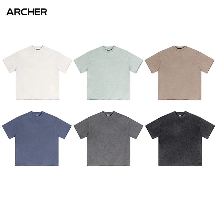 New-Summer-310G-Heavyweight-Washed-Crew-Neck-Raw-Edge-Brushed-T-Shirt-American-Style-Couple-Trendy-Men-Top