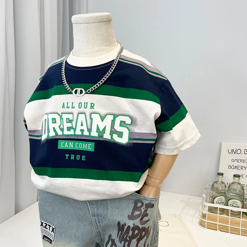 New-Summer-Boys-Short-Sleeve-T-Shirt-Trendy-Striped-Crew-Neck-Top-Stylish-Thin-Casual-Tee-for-Kids-Toddlers