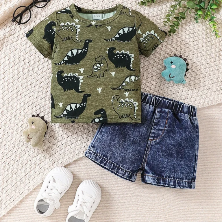 New-Summer-Casual-Childrens-Clothing-Baby-Boy-Neck-Cartoon-Printed-Short-Sleeve-T-Shirt-Denim-Shorts-Two-Piece-Set-Suit