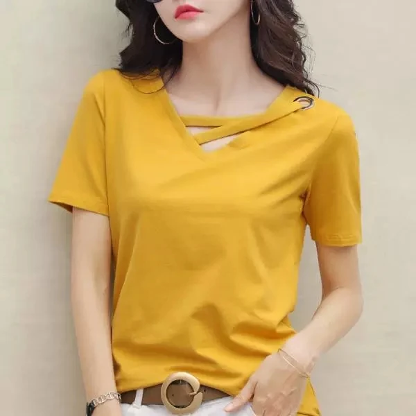 New-Summer-Solid-Color-V-Neck-Loose-Version-Casual-T-Shirt