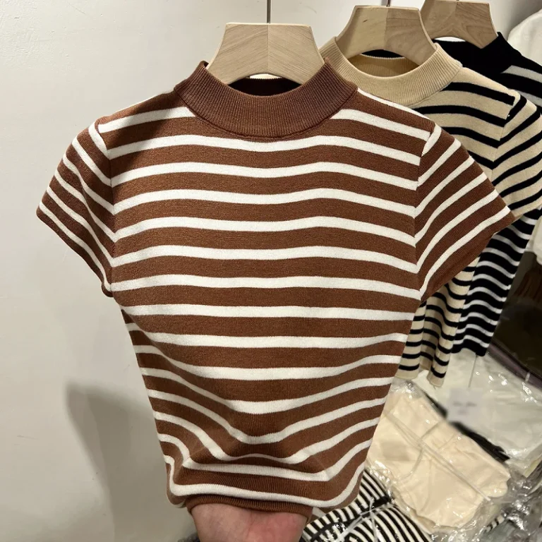 New-Womens-Semi-High-Neck-Striped-Short-Sleeved-Crop-Top-Soft-Breathable-Comfortable-Knitted-Shirt-T-shirt