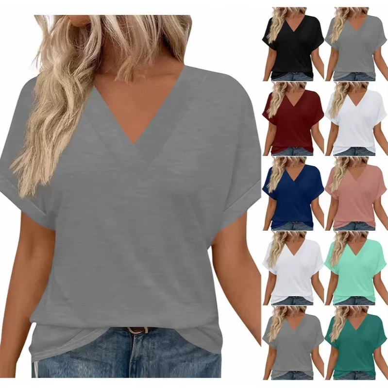 New-Womens-V-Neck-T-Shirt-Regular-Sleeve-Regular-Fit-Solid-Color-Casual-Summer-Tops-Breathable-Eco-Friendly-Polyester