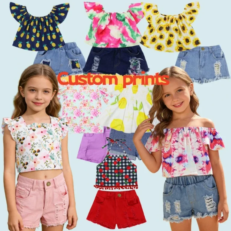 ODM-Custom-Patterns-Sizes-Girls-Summer-Clothes-off-Shoulder-Floral-Crop-Tops-T-Shirt-and-Denim-Ripped-Shorts-Set-2-Piece-Outfits
