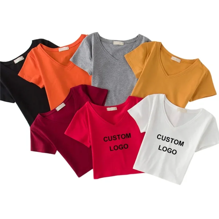 OEM-95-Cotton-5-Spandex-Customized-Printing-Logo-V-Neck-Women-Crop-Top-T-Shirt