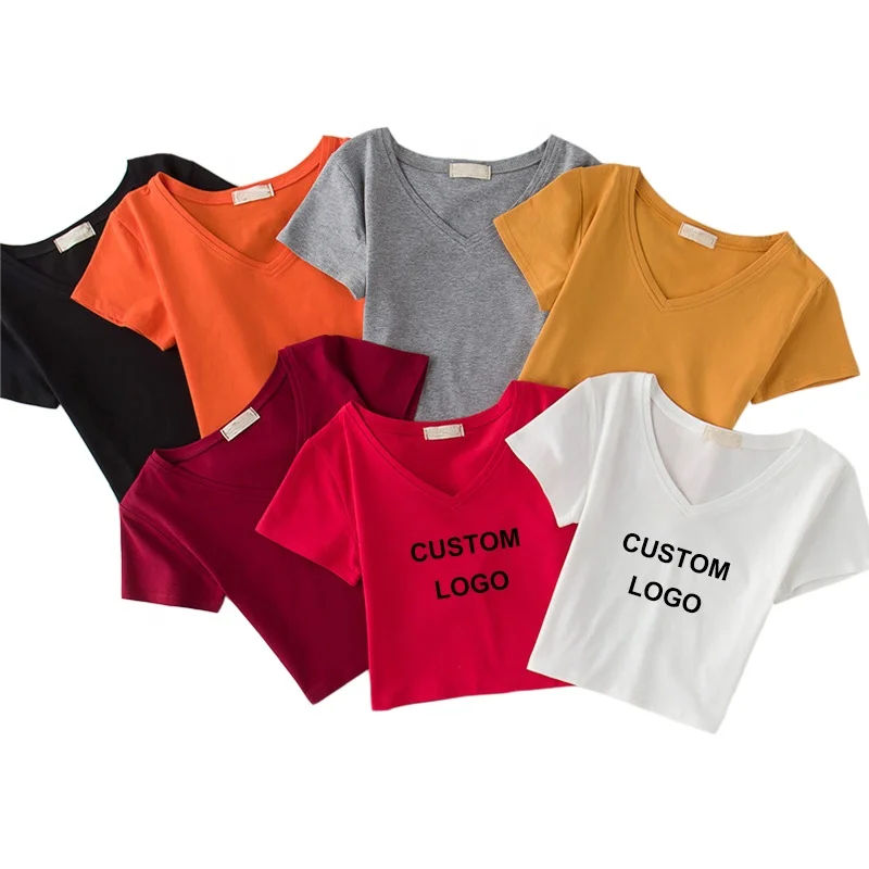 OEM-95-Cotton-5-Spandex-Customized-Printing-Logo-V-Neck-Women-Crop-Top-T-Shirt