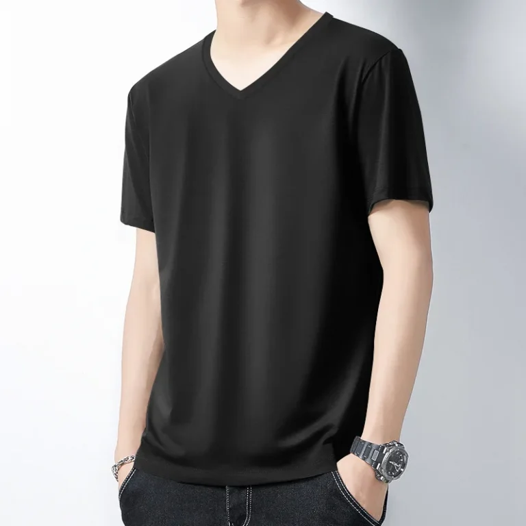 OEM-Custom-Logo-Embroidery-Print-Short-sleeved-Men-Slim-And-Versatile-Solid-Color-Breathable-Cotton-V-neck-Bottoming-T-Shirt