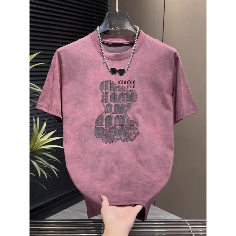 OEM-Custom-Mens-Cartoon-Knitted-Hot-Drill-Rhinestone-Print-Short-Sleeve-Summer-Breathable-Top-Casual-Crewneck-Loose-T-shirt