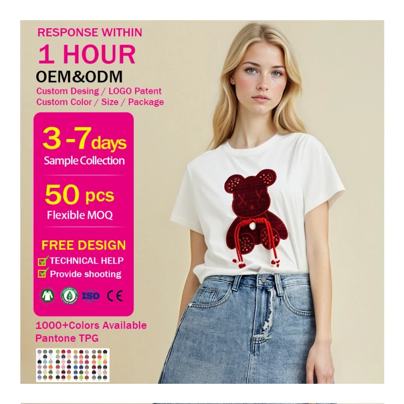 OEM-Custom-Womens-Summer-Fashion-Casual-Patch-Embroidery-Baggy-T-Shirts-Short-Sleeve-Knitted-100-Cotton-Hot-Drill-Compressed