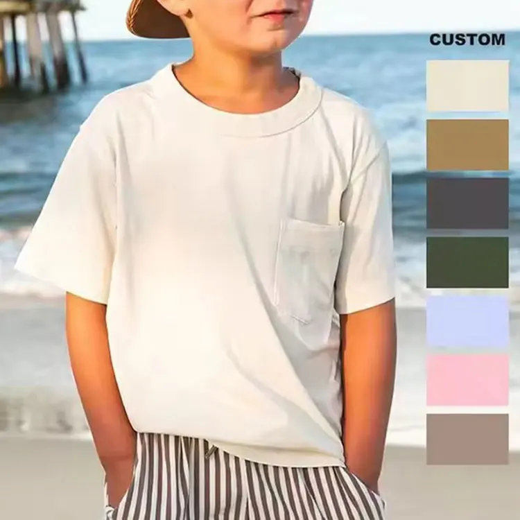 OEM-Factory-Unisex-Kids-Short-Sleeve-Pocket-Drop-Shoulder-T-Shirt-Custom-Logo-Toddler-Boys-100-Cotton-Soft-Basic-Crewneck-Tee