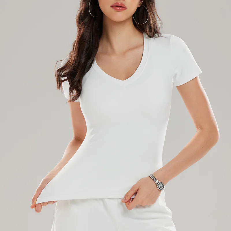 OEM-Fashion-Breathable-Summer-V-Neck-Womens-T-Shirt-Regular-Shoulder-Slim-Fit-Casual-Solid-Color-Knitted-Basic-Top-Daily-Wear