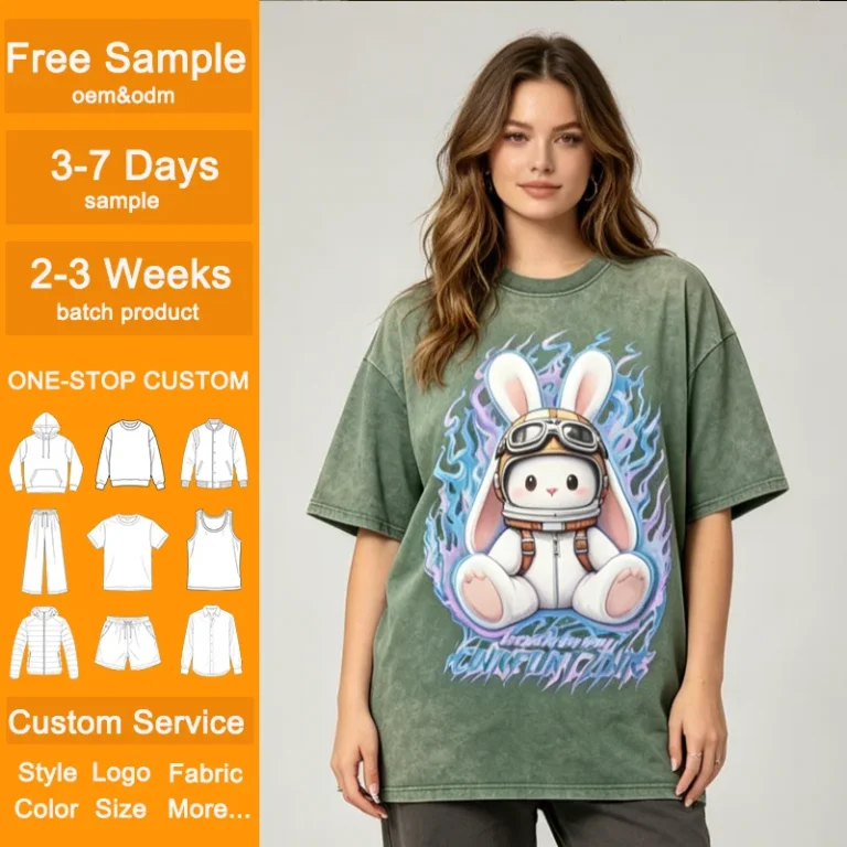 OEM-Female-Vintage-Washed-Green-Oversized-T-Shirt-Custom-Cartoon-Bunny-Graphic-Print-Cotton-Tee