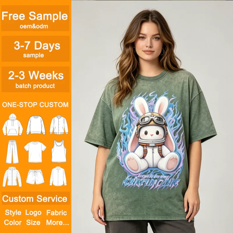 OEM-Female-Vintage-Washed-Green-Oversized-T-Shirt-Custom-Cartoon-Bunny-Graphic-Print-Cotton-Tee