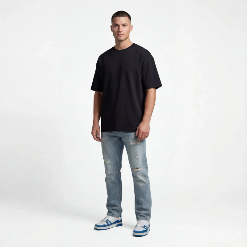 OEM-ODM-Mens-Oversized-Solid-Color-Crewneck-T-Shirt-Black-Casual-Cotton-Short-Sleeve-Top