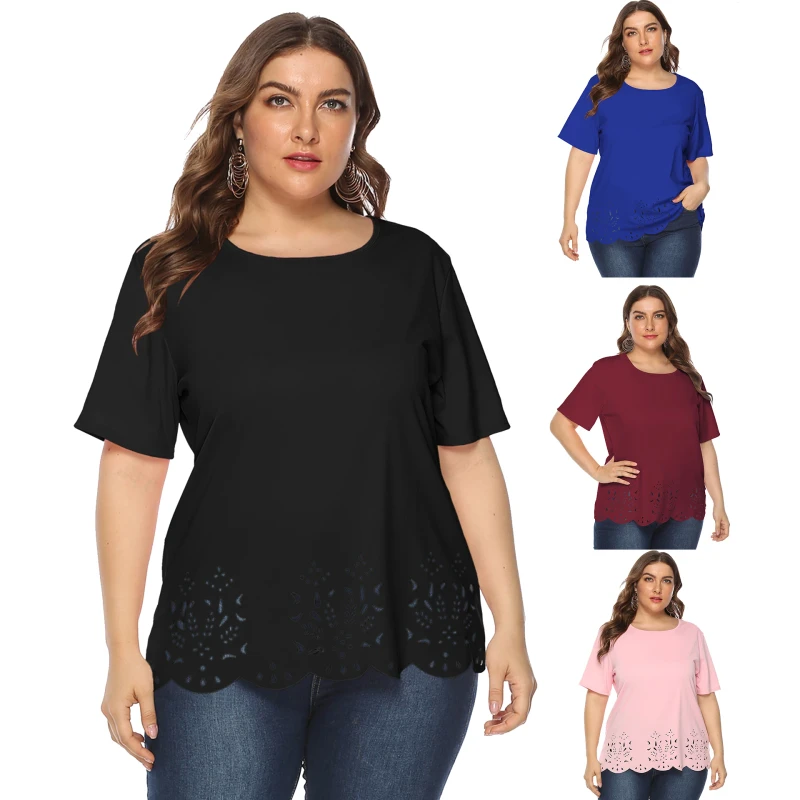 OEM-ODM-Womens-Plus-Size-Summer-Knitted-Laser-Wavy-Edge-O-Neck-Short-Sleeve-Casual-Blouse-T-Shirt