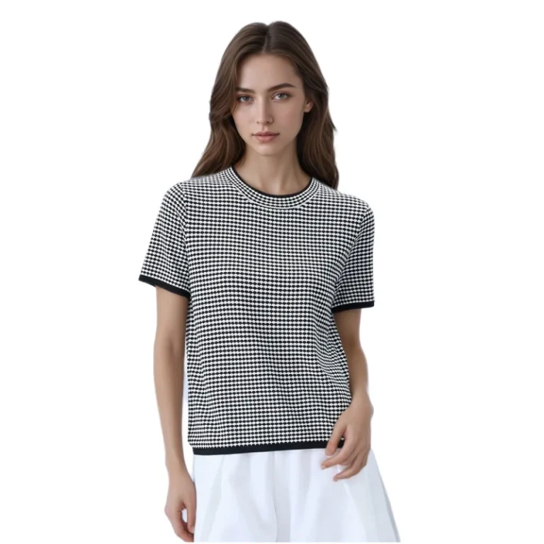 OEM-Service-Womens-Silk-Cotton-Short-Sleeved-Checkerboard-Design-T-Shirt-Breathable-and-Tight-Fitting-Pullover-for-Summer