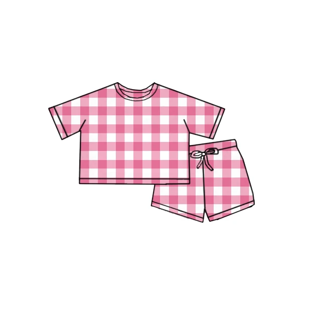 OEM-Soft-Bamboo-Girl-Sets-Two-Piece-Boxy-Shirt-Short-Sets-Girls-Custom-Pink-Gingham-Clothing-Set-Kids