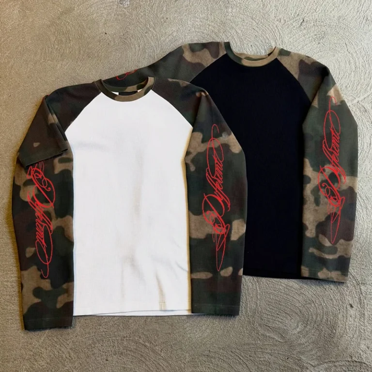 OEM-Waffle-Knit-Camo-Pattern-Printed-T-Shirt-Long-Sleeve-Embroidery-T-Shirt