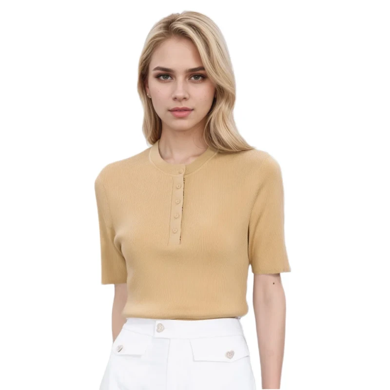 OEM-Womens-Women-Round-Neck-T-Shirt-Lyocell-Triacetate-Fiber-Short-Sleeves-Slim-Pullover-Top-with-Button