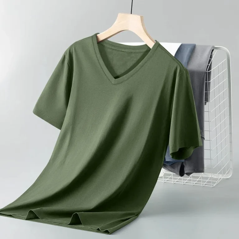 Oem-customized-pure-cotton-v-neck-t-shirt-mens-summer-slim-solid-color-casual-bottoming-t-shirt
