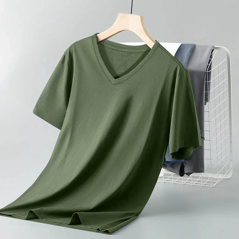 Oem-customized-pure-cotton-v-neck-t-shirt-mens-summer-slim-solid-color-casual-bottoming-t-shirt