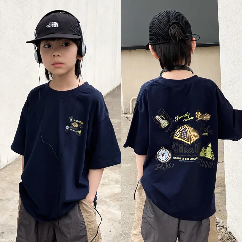 Older-Kids-Short-sleeve-Graphic-T-shirt-Summer-Breathable-Cotton-Loose-fit-Western-style-Top-for-Boys