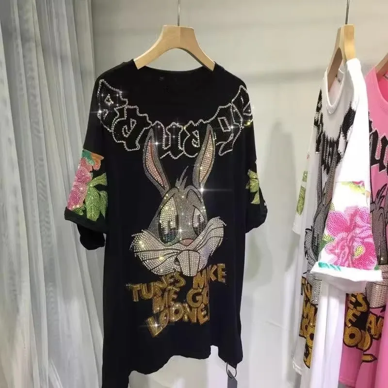Oversize-1.00-150.00-kg-Chubby-Girl-Heavy-duty-European-American-Style-Pullover-T-shirt-Womens-Crewneck-Peony-Flower-Rabbit