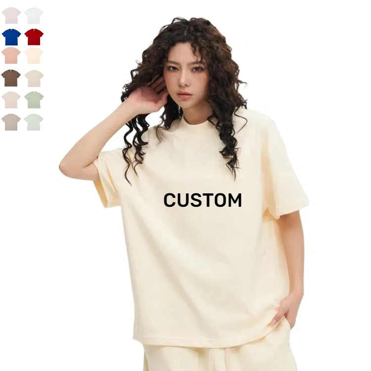 Oversized-Womens-100-Cotton-T-Shirt-270gsm-Casual-Drop-Shoulder-High-O-Neck-Knitted-Fabric-Oversize-Tee-for-Femme