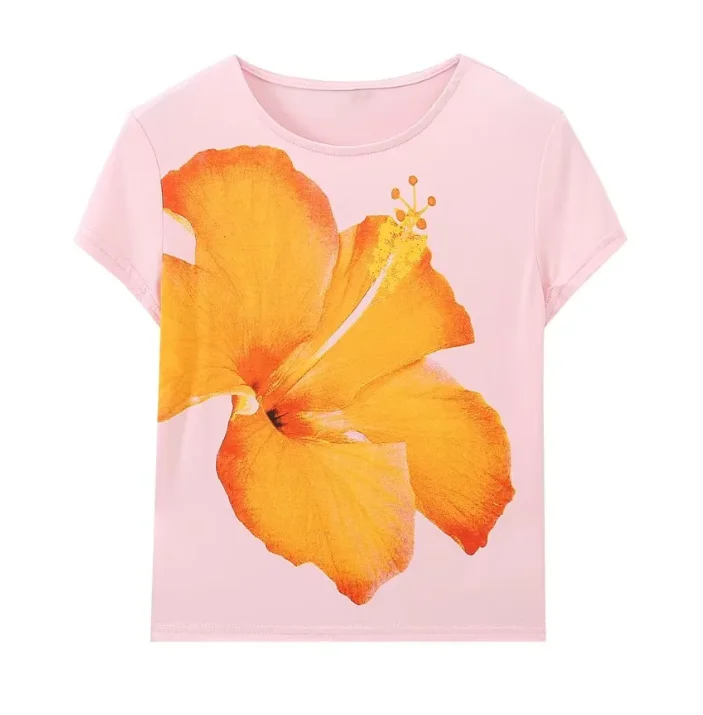 PBZA-Women-Loose-Flower-Printing-Short-Sleeve-Summer-T-Shirt-Solid-High-Waist-O-Neck-Letter-Print-Casual-Style