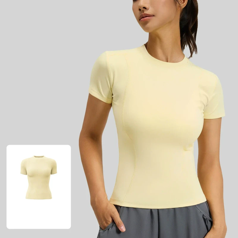 Pastel-Yellow-Fitness-T-Shirt-Women-Soft-Stretchy-Running-Top-Tight-Fit-Training-Tee-Round-Neck-Short-Sleeve-Activewear